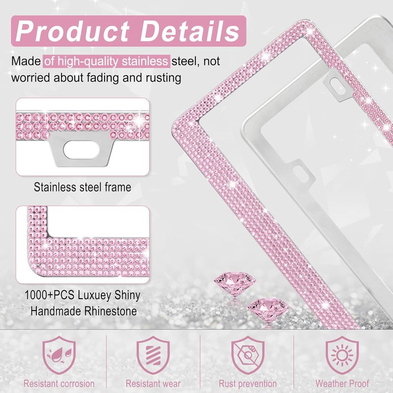 amiss Bling License Plate Frame for Women, 2Pack Rhinestone Handcrafted Crystal Premium Stainless Steel, Stainless Steel Car Accessories with Diamond Sparkle Glitter Caps (Pink) - Image 3